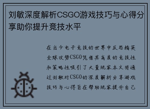 刘敏深度解析CSGO游戏技巧与心得分享助你提升竞技水平